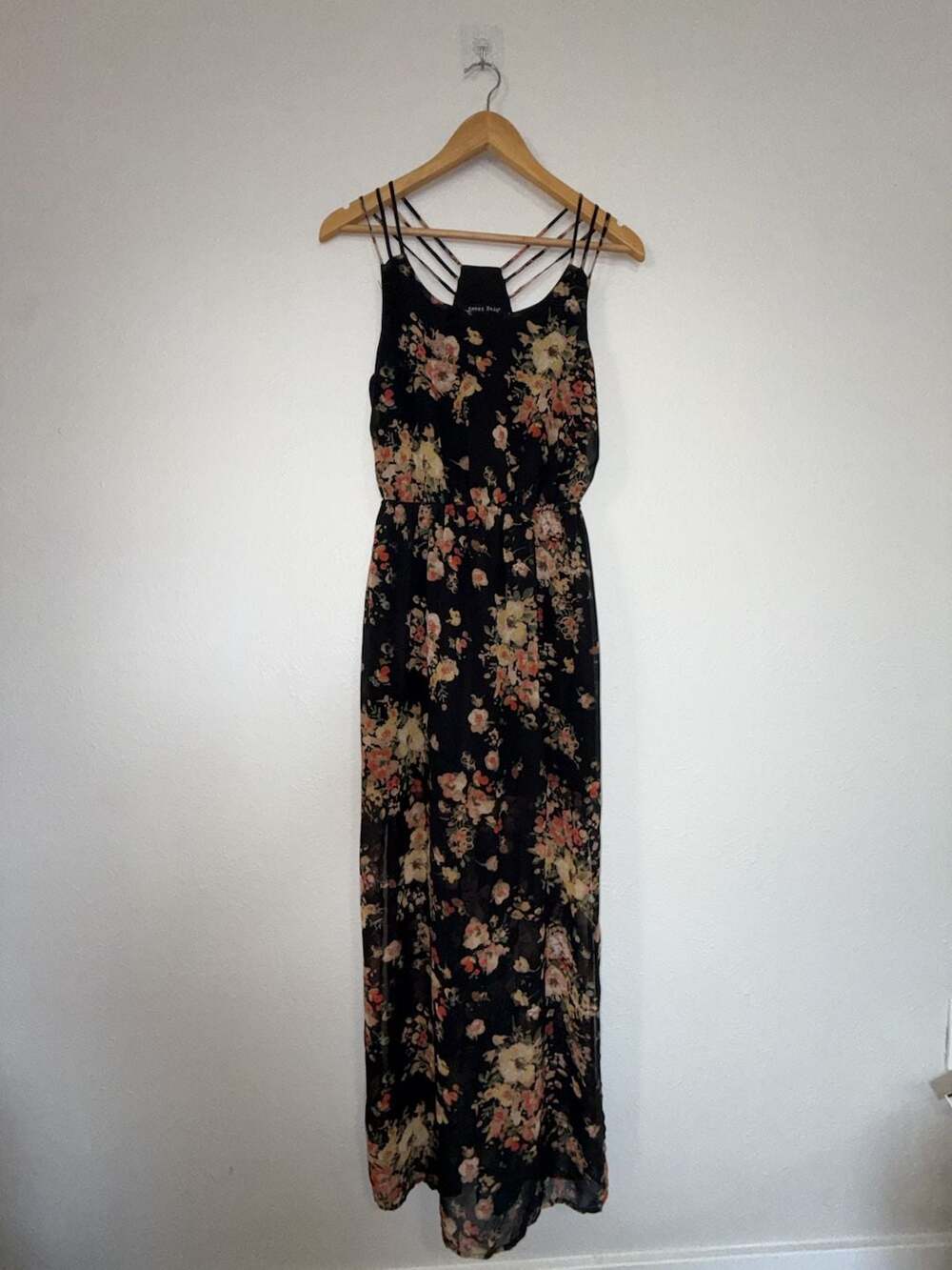 Sweet Rain Black Floral Chiffon Sleeveless Maxi Dress with Strappy Detail